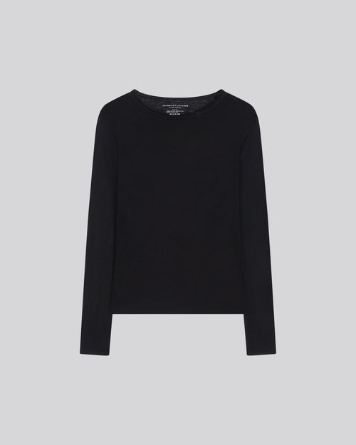 T-shirt Noir Col Rond Manches Longues en Coton et Cachemire - MAJESTIC FILATURES