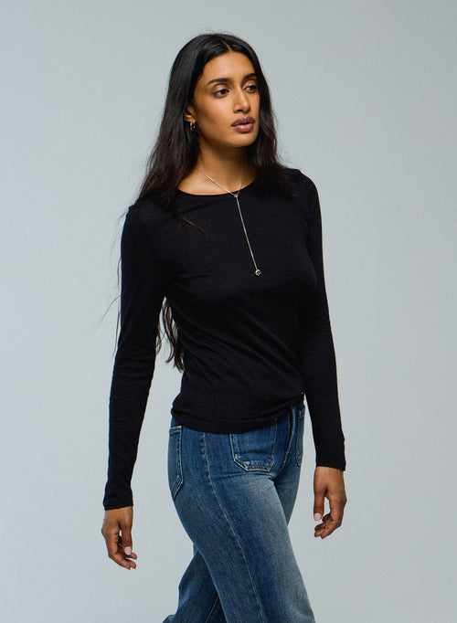 T-shirt Noir Col Rond Manches Longues en Coton et Cachemire - MAJESTIC FILATURES