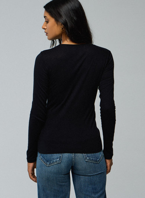 T-shirt Noir Col Rond Manches Longues en Coton et Cachemire - MAJESTIC FILATURES