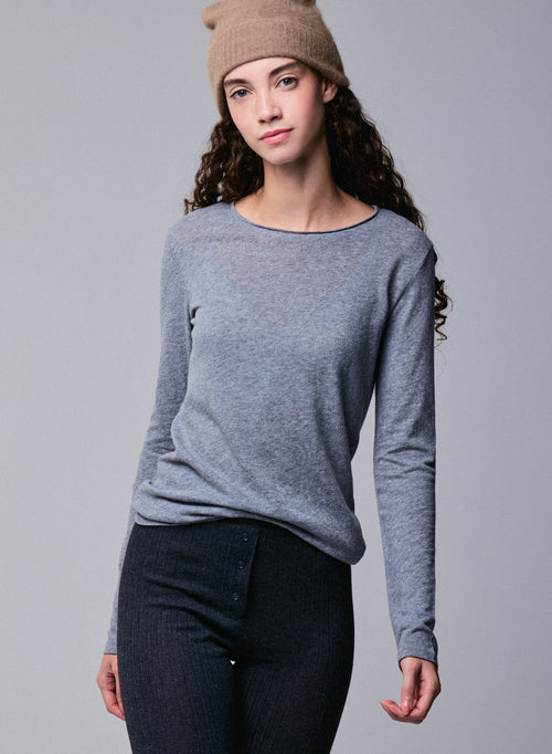 Graues Langarm-T-Shirt mit Rundhalsausschnitt aus Bio-Baumwolle / Kaschmir - MAJESTIC FILATURES