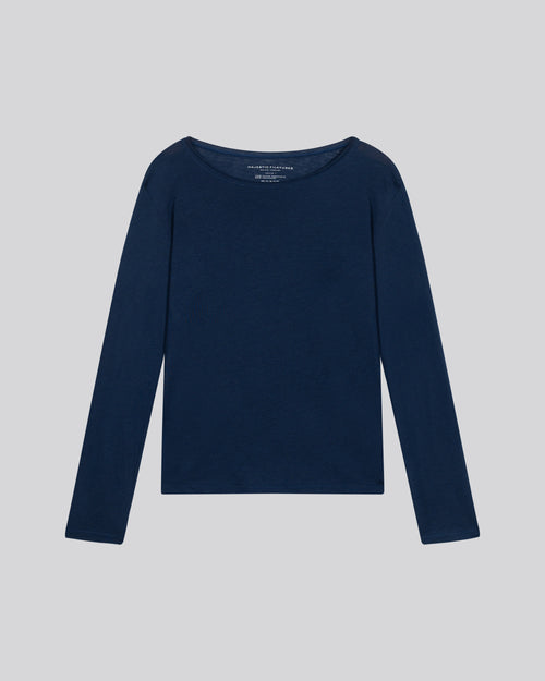 Camiseta de manga larga con cuello redondo azul en algodón orgánico / cachemir - MAJESTIC FILATURES