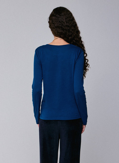 Camiseta de manga larga con cuello redondo azul en algodón orgánico / cachemir - MAJESTIC FILATURES