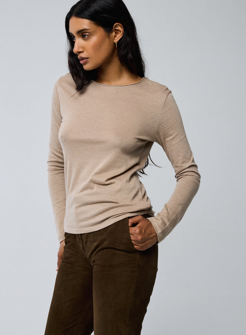 Beigefarbenes Langarm-T-Shirt mit Rundhalsausschnitt aus Bio-Baumwolle / Kaschmir - MAJESTIC FILATURES
