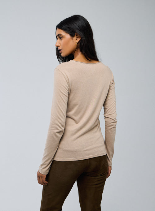 Beigefarbenes Langarm-T-Shirt mit Rundhalsausschnitt aus Bio-Baumwolle / Kaschmir - MAJESTIC FILATURES