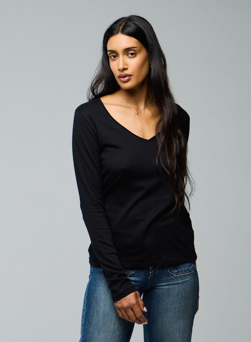 "Camiseta Carole cuello V de manga larga Algodón / Cachemira" - MAJESTIC FILATURES