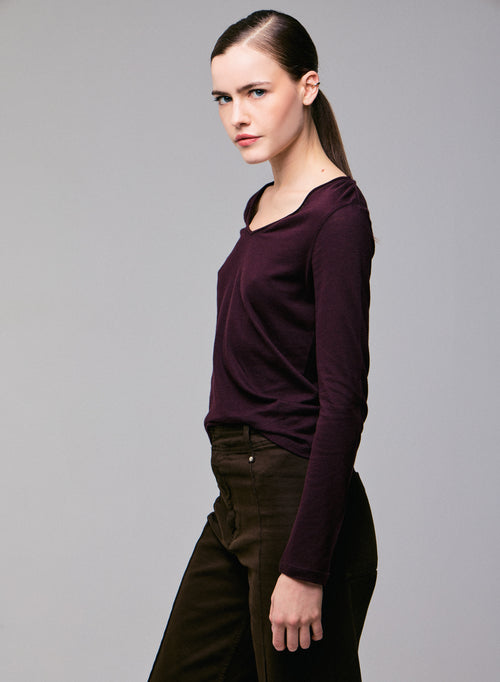 Camiseta de manga larga con cuello de pico morado en algodón orgánico / cachemir - MAJESTIC FILATURES