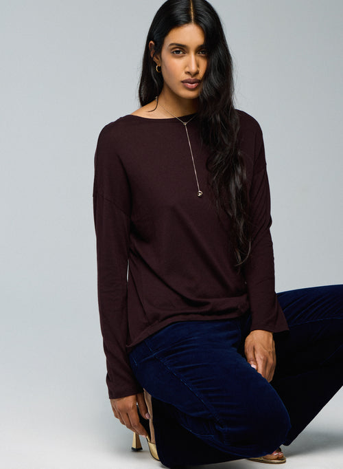 T-shirt Aubergine Col Bateau Manches Longues en Coton / Cachemire - MAJESTIC FILATURES