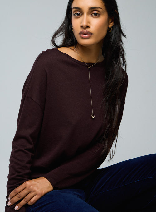 T-shirt Aubergine Col Bateau Manches Longues en Coton / Cachemire - MAJESTIC FILATURES