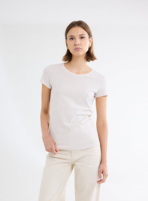 T-Shirt in Ecru meliert Rundhalsausschnitt Kurzarm aus Deluxe Baumwolle - MAJESTIC FILATURES