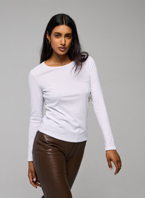 Camiseta Manga Larga Cuello Redondo en Algodón Deluxe Blanco - MAJESTIC FILATURES