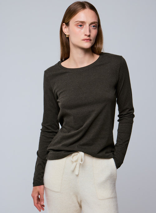 Green Round Neck Long Sleeves T-Shirt in Organic Cotton - MAJESTIC FILATURES