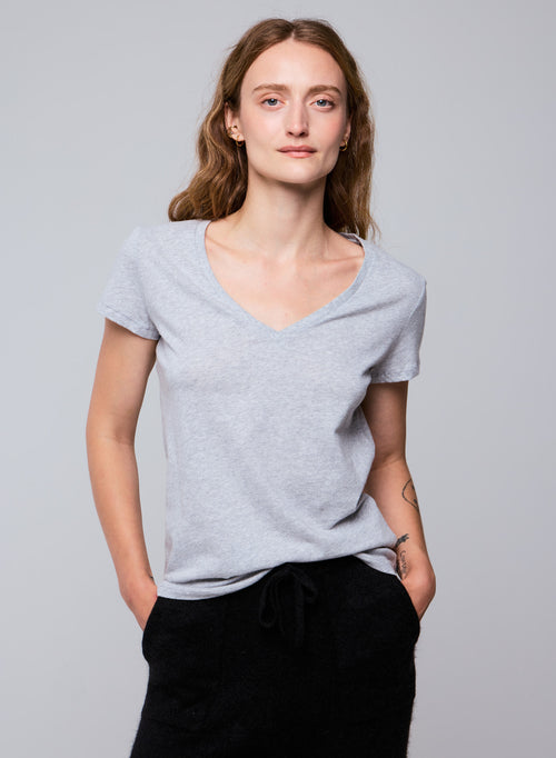 Grey Julia V-neck Short Sleeves T-shirt in Organic Cotton - MAJESTIC FILATURES