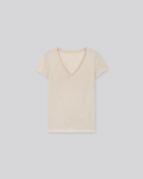 Beigefarbenes Kurzarm-T-Shirt mit V-Ausschnitt aus Bio-Baumwolle - MAJESTIC FILATURES
