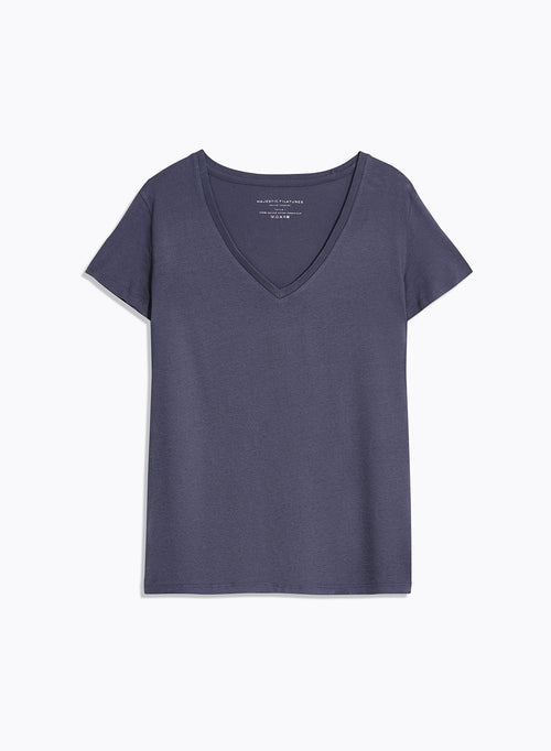 Blaues Kurzarm-T-Shirt mit V-Ausschnitt aus Bio-Baumwolle - MAJESTIC FILATURES