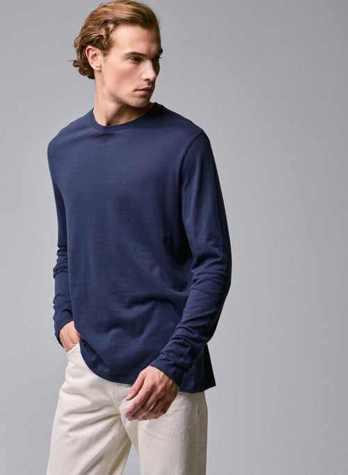 Camiseta de manga larga con cuello redondo azul en algodón orgánico - MAJESTIC FILATURES