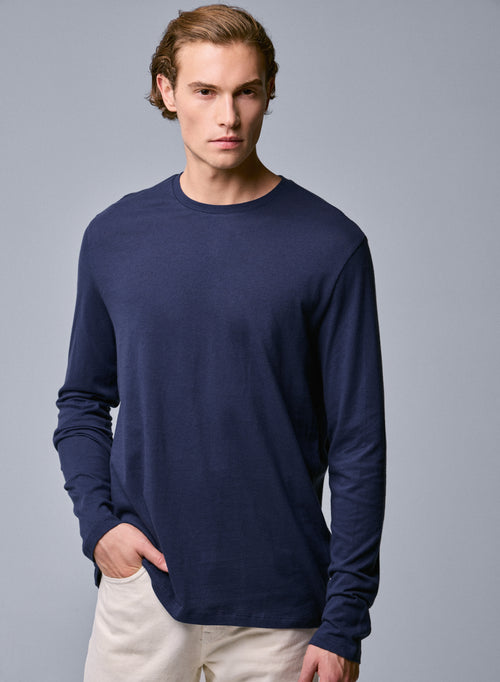 Camiseta de manga larga con cuello redondo azul en algodón orgánico - MAJESTIC FILATURES