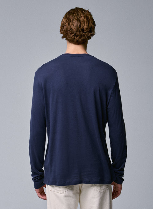 Camiseta de manga larga con cuello redondo azul en algodón orgánico - MAJESTIC FILATURES