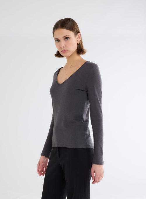 T-shirt Anthracite Col V Manches Longues en Coton et Cachemire - MAJESTIC FILATURES