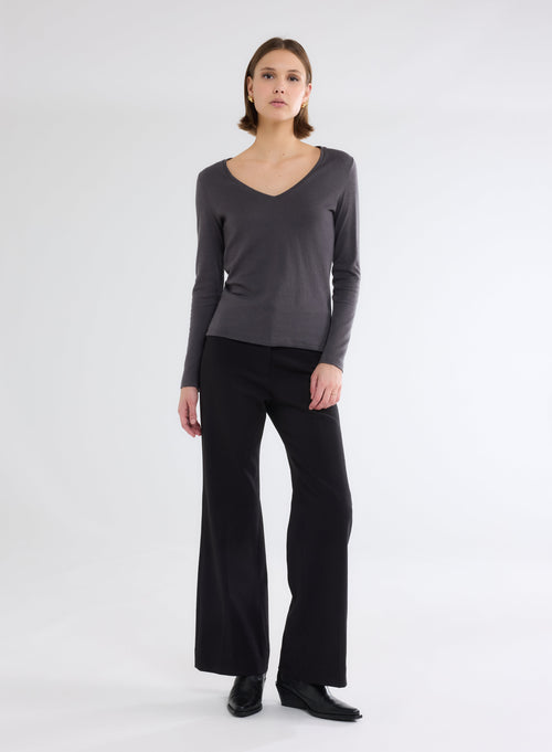 T-shirt Anthracite Col V Manches Longues en Coton et Cachemire - MAJESTIC FILATURES