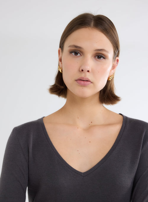 T-shirt Anthracite Col V Manches Longues en Coton et Cachemire - MAJESTIC FILATURES