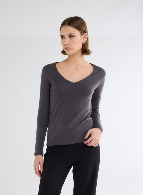 T-shirt Anthracite Col V Manches Longues en Coton et Cachemire - MAJESTIC FILATURES