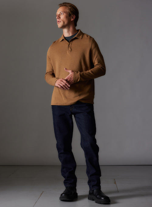 Polo Camel Manches Longues en Coton et Cachemire - MAJESTIC FILATURES