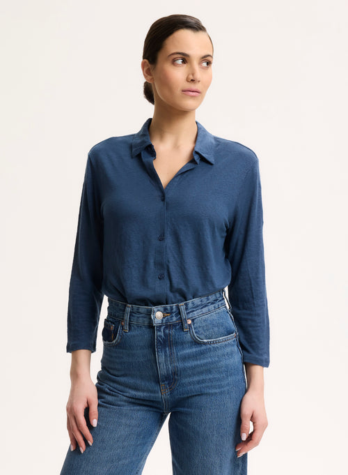 Chemise Bleue Col Chemise Manches Trois quarts en Lin / Elasthanne - MAJESTIC FILATURES