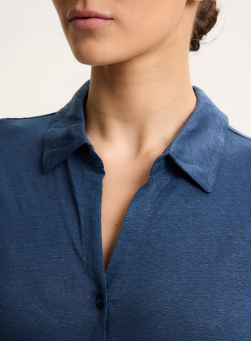 Chemise Bleue Col Chemise Manches Trois quarts en Lin / Elasthanne - MAJESTIC FILATURES