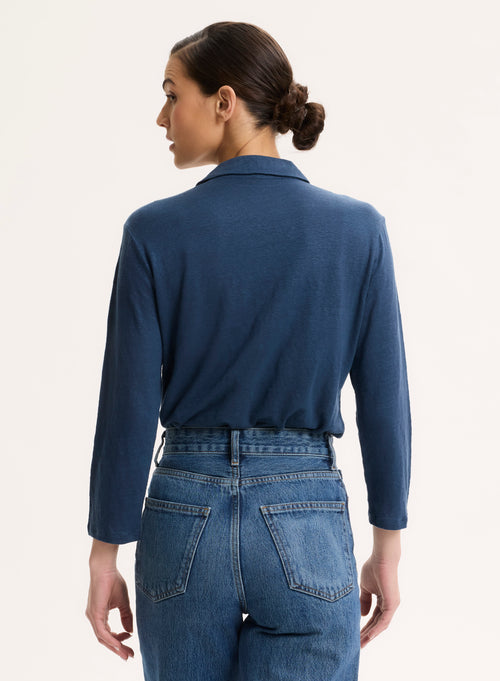 Chemise Bleue Col Chemise Manches Trois quarts en Lin / Elasthanne - MAJESTIC FILATURES