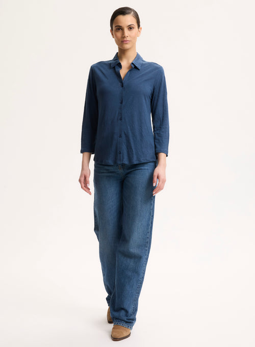 Chemise Bleue Col Chemise Manches Trois quarts en Lin / Elasthanne - MAJESTIC FILATURES