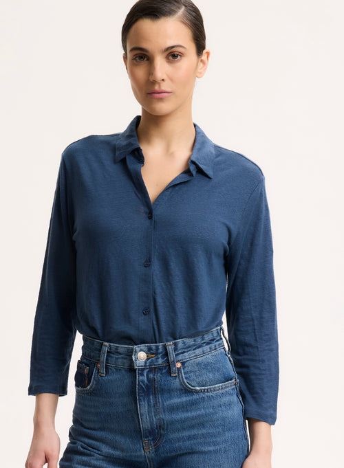 Chemise Bleue Col Chemise Manches Trois quarts en Lin / Elasthanne - MAJESTIC FILATURES
