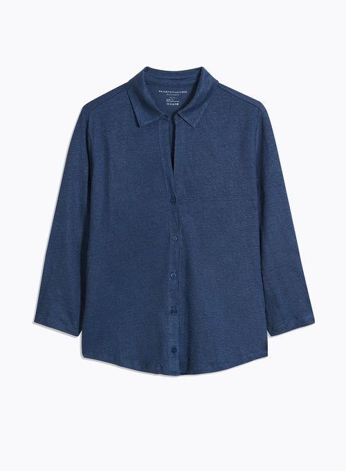 Chemise Bleue Col Chemise Manches Trois quarts en Lin / Elasthanne - MAJESTIC FILATURES