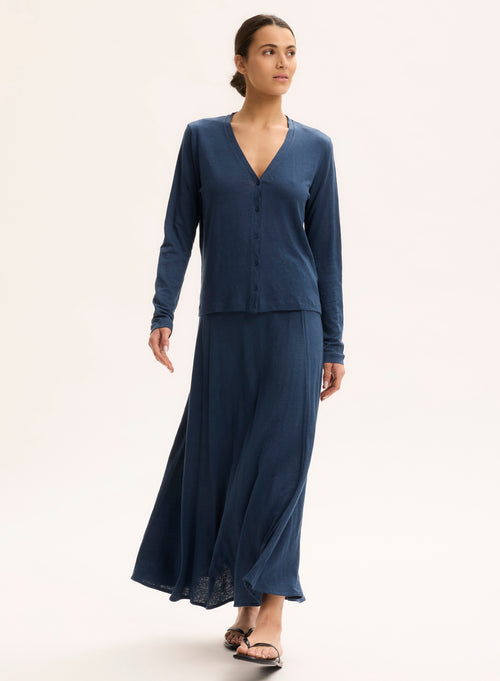 Blaue Strickjacke mit V-Ausschnitt und langen Ärmeln aus Leinen / Elasthan - MAJESTIC FILATURES