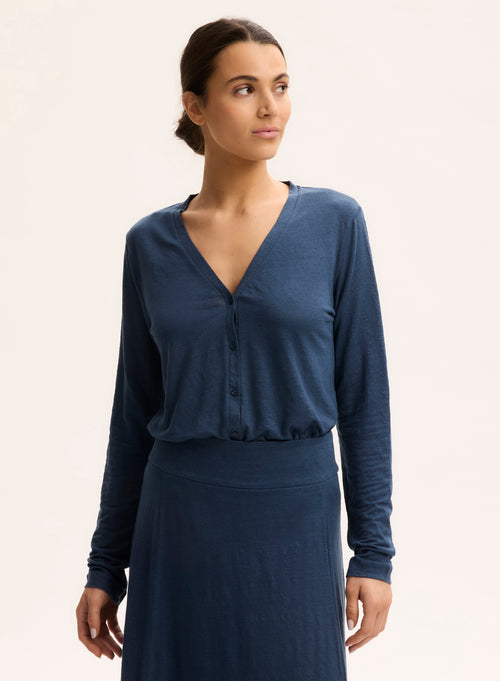 Blaue Strickjacke mit V-Ausschnitt und langen Ärmeln aus Leinen / Elasthan - MAJESTIC FILATURES