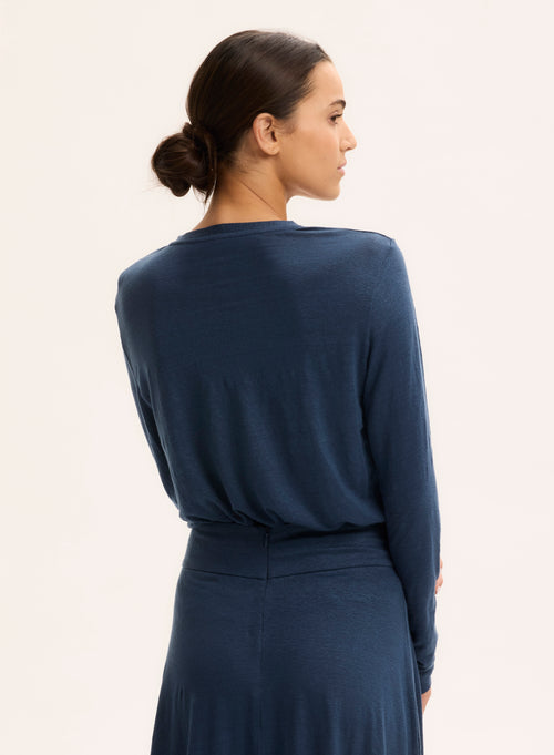 Blaue Strickjacke mit V-Ausschnitt und langen Ärmeln aus Leinen / Elasthan - MAJESTIC FILATURES