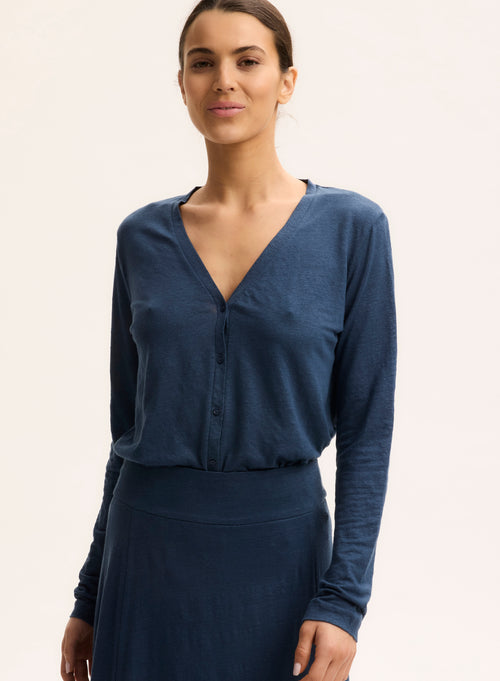 Blaue Strickjacke mit V-Ausschnitt und langen Ärmeln aus Leinen / Elasthan - MAJESTIC FILATURES
