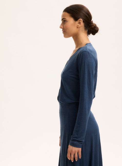 Blaue Strickjacke mit V-Ausschnitt und langen Ärmeln aus Leinen / Elasthan - MAJESTIC FILATURES