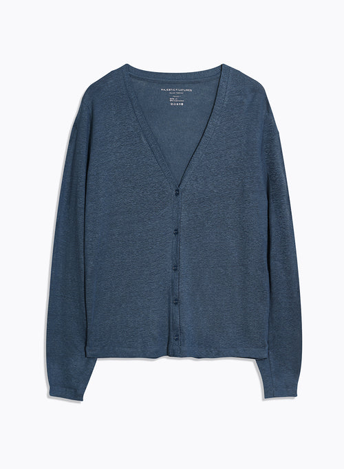 Blaue Strickjacke mit V-Ausschnitt und langen Ärmeln aus Leinen / Elasthan - MAJESTIC FILATURES