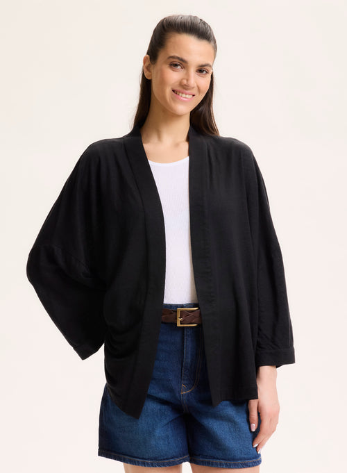 Gilet Noir Col Profond Manches Longues en Lin / Elasthanne - MAJESTIC FILATURES