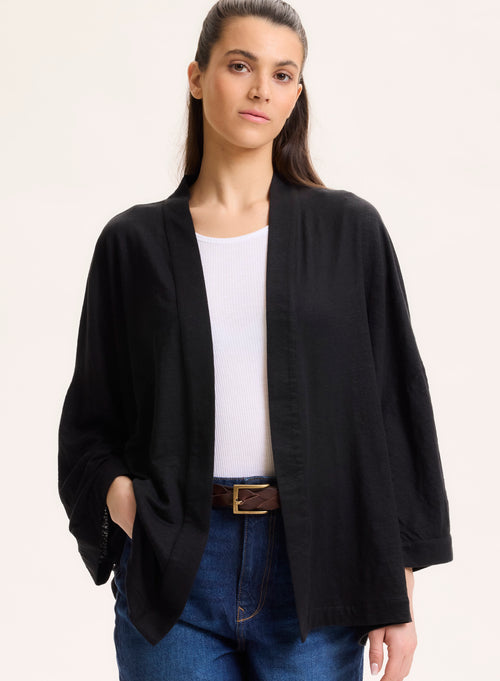 Gilet Noir Col Profond Manches Longues en Lin / Elasthanne - MAJESTIC FILATURES