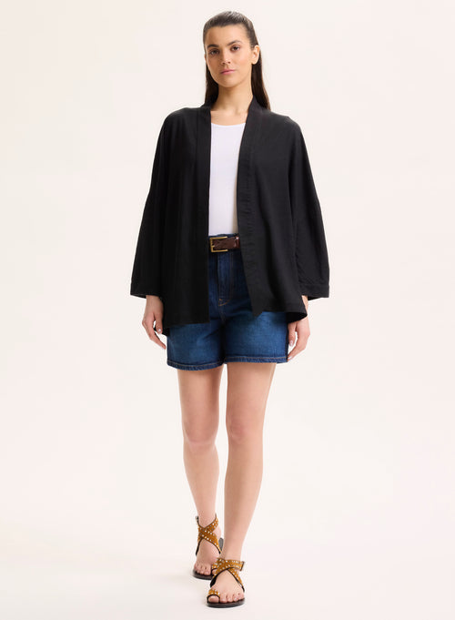 Gilet Noir Col Profond Manches Longues en Lin / Elasthanne - MAJESTIC FILATURES