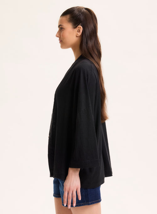 Gilet Noir Col Profond Manches Longues en Lin / Elasthanne - MAJESTIC FILATURES