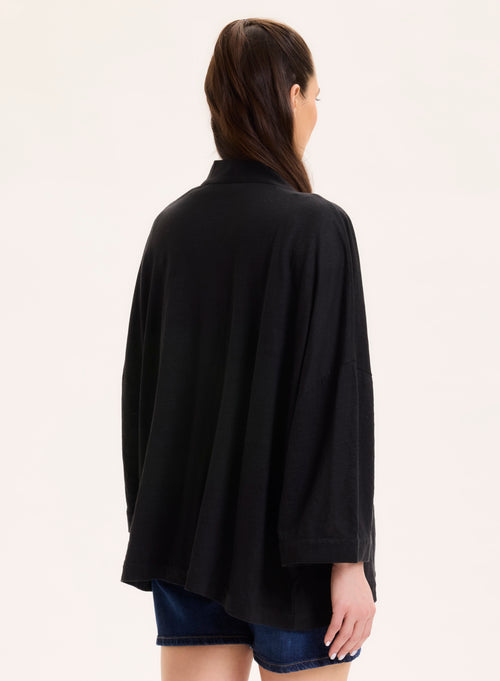 Gilet Noir Col Profond Manches Longues en Lin / Elasthanne - MAJESTIC FILATURES