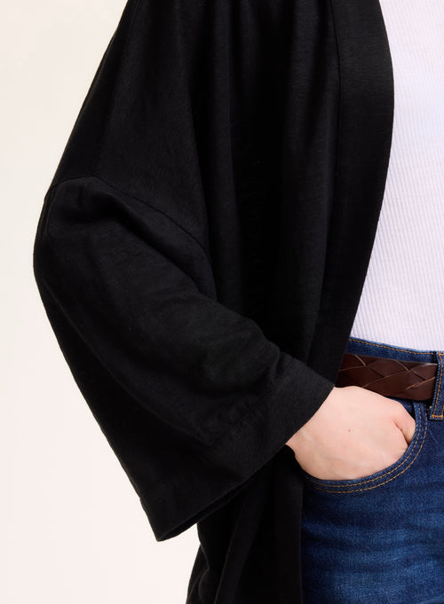 Gilet Noir Col Profond Manches Longues en Lin / Elasthanne - MAJESTIC FILATURES