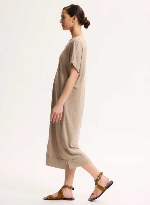 Vestido beige de lino / elastano sin mangas con escote en V - MAJESTIC FILATURES