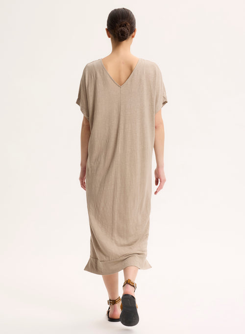 Vestido beige de lino / elastano sin mangas con escote en V - MAJESTIC FILATURES