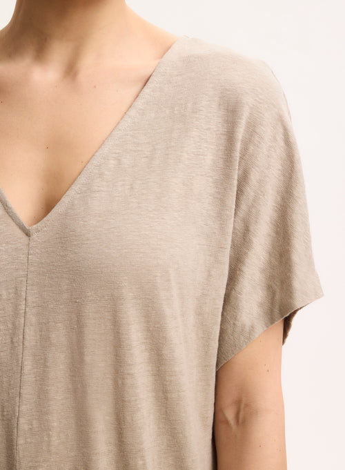 Vestido beige de lino / elastano sin mangas con escote en V - MAJESTIC FILATURES