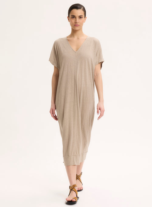 Vestido beige de lino / elastano sin mangas con escote en V - MAJESTIC FILATURES