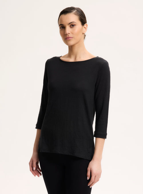 Black 3/4 Sleeve Boat Neck Linen/Elastane T-shirt - MAJESTIC FILATURES