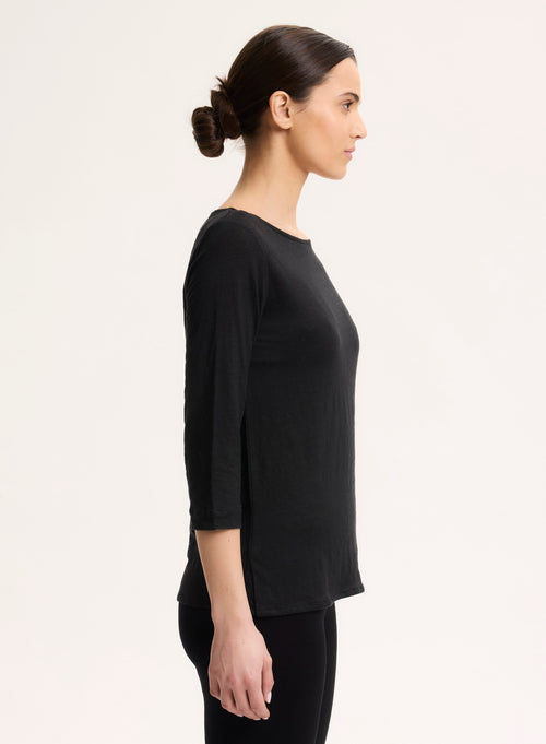 Black 3/4 Sleeve Boat Neck Linen/Elastane T-shirt - MAJESTIC FILATURES